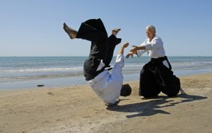 two adult men practicing aikido on the coast of a body of water